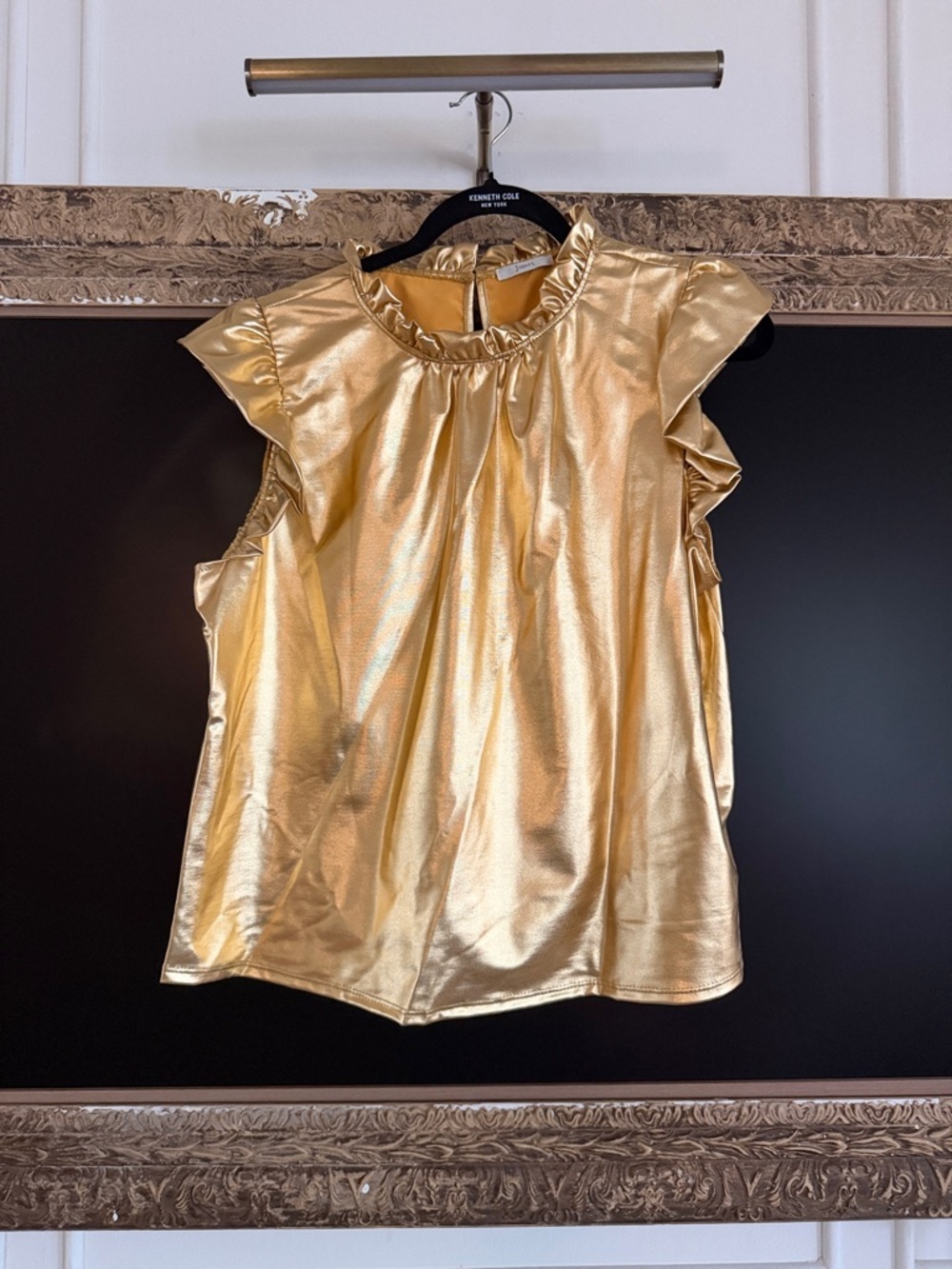 JODIFL Shimmering Gold Ruffle Neck Flutter Sleeve Top